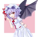  1girl :d ascot bat_wings black_wings blue_brooch breasts center_frills collared_shirt cowboy_shot eyebrows_visible_through_hair fang frilled_shirt frills hair_between_eyes hat highres leaning_forward medium_breasts mob_cap open_mouth puffy_short_sleeves puffy_sleeves purple_hair red_ascot red_eyes remilia_scarlet s_vileblood shirt short_sleeves skirt skirt_hold smile solo touhou v white_headwear white_shirt white_skirt wings wrist_cuffs 
