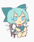  1girl ahoge bangs bloomers blue_bow blue_dress blue_eyes blue_hair blue_ribbon blue_wings bow chair character_doll chibi cirno closed_mouth collar collared_shirt dress english_commentary frilled_panties frills full_body fumo_(doll) hair_bow hair_ribbon hands_on_own_knees ice ice_wings looking_at_viewer multicolored_clothes multicolored_dress neck_ribbon panties pinafore_dress puffy_short_sleeves puffy_sleeves red_ribbon ribbon shirt short_hair short_sleeves simple_background sitting skullchimes sleeves smile solo touhou twitter_username underwear white_background white_collar white_shirt wings 