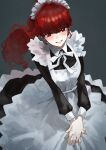  1girl alternate_costume apron blush breasts enmaided grin highres long_hair luc_sion maid maid_apron maid_headdress persona persona_5 persona_5_the_royal ponytail red_eyes redhead smile solo yoshizawa_kasumi 