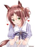  1girl animal_ears bangs bow breasts brown_hair clover_hair_ornament feeding fine_motion_(umamusume) green_eyes hair_bun hair_ornament heart highres holding holding_spoon horse_ears horse_girl horse_tail incoming_food looking_at_viewer medium_breasts multicolored_hair open_mouth pleated_skirt puffy_short_sleeves puffy_sleeves purple_bow sailor_collar school_uniform short_sleeves sidelocks simple_background skirt smile solo spoon tail takase_muh tracen_school_uniform twitter_username two-tone_hair umamusume white_background white_skirt 