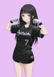  1girl bangs baseball_uniform black_hair blush breasts carlo_montie chitanda_eru clenched_hands eyebrows_visible_through_hair gloves highres hyouka long_hair looking_at_viewer purple_background simple_background smile solo sportswear violet_eyes white_gloves 