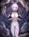  1girl absurdly_long_hair absurdres ayanami_rei bangs blush bodysuit breasts closed_mouth clouds cloudy_sky commentary_request evangelion:_3.0+1.0_thrice_upon_a_time expressionless facing_viewer full_body gloves hair_between_eyes hairpods hands_up highres large_breasts light_blue_hair light_smile lips long_hair looking_to_the_side lucy_(rusi-juren328) lying neon_genesis_evangelion on_back own_hands_clasped own_hands_together pilot_suit plugsuit rebuild_of_evangelion red_eyes reflection ripples shiny shiny_hair sky solo thighs very_long_hair water wavy_hair white_bodysuit white_gloves 