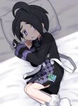  1boy ahoge allister_(pokemon) bed_sheet black_hair bright_pupils collared_shirt commentary_request from_above frown gloves head_on_pillow highres himawari_(kawaisounaedesu) long_sleeves male_focus mole mole_under_mouth partially_fingerless_gloves pokemon pokemon_(game) pokemon_swsh raised_eyebrows shirt shoes short_hair shorts single_glove solo suspenders sweat violet_eyes white_pupils 