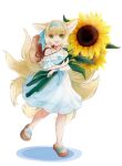  1girl absurdres animal_ears arknights bangs bare_legs blonde_hair flower fox_ears fox_tail green_eyes highres holding holding_flower kiwicci looking_at_viewer multiple_tails open_mouth short_hair skirt smile solo standing standing_on_one_leg sunflower suzuran_(arknights) tail 
