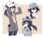  1girl :o adjusting_clothes adjusting_headwear animal_ear_fluff animal_ears arms_up asymmetrical_hair bangs baseball_cap beige_background black-framed_eyewear black_hair blue_eyes blue_headwear blush border cat_ears cellphone cellphone_charm charm_(object) cheek_pinching closed_mouth clothes_writing cowboy_shot crop_top cropped_legs cropped_torso crossed_bangs dated denim dog_tags dripping ears_down ears_through_headwear english_text eyebrows_visible_through_hair from_side glasses grey_headwear grey_jacket hair_between_eyes hair_over_shoulder hand_on_own_cheek hand_on_own_face hand_up hands_on_headwear hat hood hood_down hooded_jacket hot jacket jeans jewelry light_smile long_hair long_sleeves looking_at_viewer looking_away looking_to_the_side looking_up low_ponytail melan_(melanbread) melanbread midriff multiple_views navel necklace no_nose off_shoulder open_mouth original outside_border pants parted_lips partially_unzipped patch phone pinching pocket print_headwear puffy_long_sleeves puffy_sleeves round_eyewear shirt side_ponytail signature simple_background smartphone standing straight-on sweat tareme two-tone_headwear upper_body white_border white_headwear white_shirt zipper zipper_pull_tab 