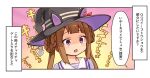  1girl animal_ears brown_hair commentary_request hair_rings hat horse_ears horse_girl long_hair low_twintails portrait ryoji_(nomura_ryouji) simple_background solo surprised sweep_tosho_(umamusume) translation_request twintails umamusume violet_eyes white_background witch_hat 