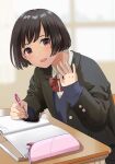  1girl artist_name black_hair blazer bob_cut bow bowtie brown_eyes desk hand_up holding holding_pen jacket looking_at_viewer mattaku_mousuke original pen school_desk school_uniform short_hair sitting sleeves_past_wrists watermark 