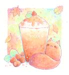  :3 :d animal animal_focus artist_name autumn bisquii chibi commentary drink food_focus hazelnut hug leaf mint no_humans open_mouth original painting_(medium) simple_background smile solo sparkle sparkling_eyes squirrel traditional_media watercolor_(medium) white_background 