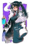  1girl border bright_pupils coat copyright_name fingernails fur-trimmed_coat fur_trim hair_between_eyes hatching_(texture) holding jill_stingray long_hair necktie pdozip red_eyes red_necktie red_neckwear sketch smoke smoking solo twintails va-11_hall-a white_border white_pupils 