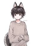  1other animal_ear_fluff animal_ears brown_eyes brown_hair dated oleoleolle original parted_lips simple_background sleeves_past_wrists tail white_background wide-eyed wolf_ears wolf_tail 