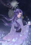  1girl absurdres back bug butterfly china_dress chinese_clothes dress flower highres long_hair looking_back needle night purple_hair qin_shi_ming_yue sideways_glance smile violet_eyes zi_nu_zhuye_jun 