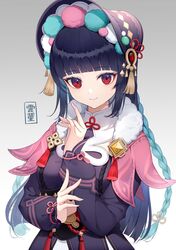  aqua_hair braid eyebrows_visible_through_hair fur_trim genshin_impact gothic_lolita gradient_hair hair_ornament half-closed_eyes hat highres hime_cut lolita_fashion long_hair long_sleeves looking_at_viewer multicolored_hair purple_hair red_eyes shiny shiny_hair twin_braids two-tone_hair upper_body usamochi. yunjin_(genshin_impact) 