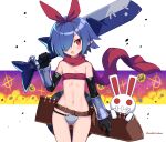  1girl black_gloves blue_hair blush disgaea fang gloves hair_over_one_eye hairband highres kouzuki_tsubasa_(musou_kaidou) looking_at_viewer midriff navel open_mouth pleinair pointy_ears rabbit red_eyes red_hairband red_scarf scarf short_hair solo twitter_username usagi-san 