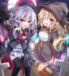  2girls :d absurdres alternate_costume ascot back_bow bat_wings black_legwear black_wings blonde_hair blurry blurry_foreground bow bowtie breasts brown_bow brown_bowtie brown_corset brown_footwear brown_headwear brown_legwear brown_skirt crescent_moon crystal eyebrows_visible_through_hair fang feet_out_of_frame finger_to_mouth flandre_scarlet frilled_skirt frilled_sleeves frills hair_between_eyes halloween hat highres holding holding_hands holding_wand laevatein_(touhou) light_purple_hair long_hair long_sleeves looking_at_viewer medium_breasts medium_hair moon multiple_girls night night_sky no_hat no_headwear one_eye_closed open_mouth outdoors pointy_ears red_ascot red_bow red_eyes red_moon remilia_scarlet s_vileblood shirt short_sleeves side_ponytail skin_fang skirt sky smile star_(sky) starry_sky thigh-highs touhou wand white_shirt wings witch_hat 