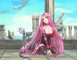  1girl column facial_mark fate/grand_order fate/stay_night fate_(series) forehead forehead_mark hakohako-does highres medusa_(fate) medusa_(rider)_(fate) nameless_dagger_(fate) pillar purple_hair solo violet_eyes 