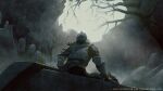  1other armor artist_name bare_tree breastplate coffin dark_souls_(series) dark_souls_iii gauntlets grass helm helmet knight l_aciel looking_up outdoors pauldrons shoulder_armor sitting solo tombstone torn torn_clothes tree vambraces 