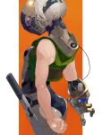  1girl absurdres arms_at_sides commentary_request crop_top helmet highres orange_background original prosthesis prosthetic_arm science_fiction short_hair sleeveless solo two-tone_background white_background white_hair yunimaru 