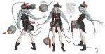  1girl back ball_and_chain_(weapon) bandaged_hand bandages bare_legs black_footwear black_headwear chain chinese_clothes closed_mouth grey_hair hair_between_eyes hat highres holding long_hair lu_curie motion_lines multiple_views original profile red_eyes simple_background speed_lines standing twintails weapon white_background 