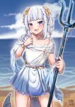  1girl absurdres akaharuu bangs beach blue_eyes blue_hair blush fish_tail gawr_gura hair_ornament highres hololive hololive_english looking_at_viewer multicolored_hair open_mouth polearm shark_tail sharp_teeth silver_hair smile solo streaked_hair tail teeth toga trident virtual_youtuber weapon 