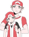  2boys :&lt; baseball_cap brown_eyes brown_hair commentary_request dual_persona hat male_focus multiple_boys picking_up pokemon pokemon_(game) pokemon_frlg pokemon_sm pumpkinpan red_(pokemon) shirt short_sleeves simple_background sweatdrop t-shirt time_paradox white_background 