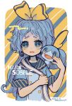  1girl absurdres artist_name blue_eyes blue_hair bow character_name earrings eyebrows hair_bow highres jewelry long_hair looking_at_viewer mameeekueya messy_hair parted_lips personification pokemon pokemon_(creature) ponytail short_sleeves sobble twitter_username upper_body yellow_bow 