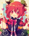  1girl alternate_costume animal_ears black_dress blush bow braid cat cat_ears dress heart holding holding_hair kaenbyou_rin long_hair mina_(sio0616) nekomata open_mouth paw_print redhead simple_background smile solo sparkle touhou twin_braids twintails 