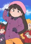  3girls bangs be_(ronironibebe) bebe_stevens beret black_hair blonde_hair blunt_bangs coat frown gloves hat jacket long_hair multiple_girls purple_coat red_(south_park) red_jacket redhead snow snowball south_park violet_eyes wendy_testaburger 