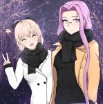  2girls alternate_costume bangs blonde_hair closed_eyes fate/grand_order fate_(series) forehead glasses highres medusa_(fate) medusa_(rider)_(fate) multiple_girls okita_souji purple_hair scarf smile user_ddne8755 v violet_eyes 