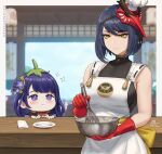  2girls apron bare_shoulders blue_hair blush chibi cooking counter genshin_impact gloves halterneck highres kujou_sara mask mask_on_head mixing_bowl mole mole_under_eye multiple_girls plate purple_hair raiden_shogun red_gloves sciamano240 sparkle twinkle_eye violet_eyes whisk wide-eyed yellow_eyes 