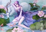  1girl absurdres bare_legs china_dress chinese_clothes deer dress fish flower hair_bun highres legs lying needle pond purple_dress purple_hair qin_shi_ming_yue violet_eyes zi_nu_(qin_shi_ming_yue) zi_nu_zhuye_jun 