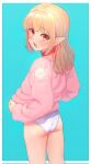  1girl ass bangs blonde_hair blue_background blush collar commentary error eyebrows_visible_through_hair from_behind highres long_hair looking_at_viewer looking_back makaino_ririmu nijisanji no_pants open_mouth panties pink_sweater pointy_ears red_collar red_eyes sabamen simple_background solo sweater underwear white_panties 