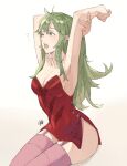  1girl bangs bare_arms bare_shoulders breasts cowboy_shot dress fire_emblem fire_emblem_awakening green_eyes green_hair invisible_chair long_hair one_eye_closed open_mouth pink_legwear pointy_ears ponytail sakuremi sitting solo thigh-highs tiki_(fire_emblem) yawning 