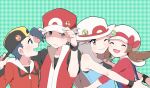  2boys 2girls :d backwards_hat baseball_cap black_wristband blue_shirt bow brown_eyes brown_hair bucket_hat cabbie_hat closed_eyes closed_mouth commentary_request ethan_(pokemon) eyelashes hair_flaps hands_on_headwear hat hat_bow highres jacket leaf_(pokemon) long_hair long_sleeves lyra_(pokemon) multiple_boys multiple_girls one_eye_closed open_mouth pokemon pokemon_(game) pokemon_frlg pokemon_hgss pumpkinpan red_(pokemon) red_bow red_headwear red_jacket red_shirt shirt short_hair sleeveless sleeveless_shirt smile spiky_hair tongue twintails white_headwear wristband 