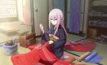  enbizaka_no_shitateya_(vocaloid) evillious_nendaiki highres indoors japanese_clothes kimono long_hair megurine_luka official_art pink_hair project_sekai sewing shouji sliding_doors smile sudou_kayo tailor vocaloid 