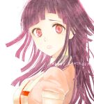  1girl apron bandages bangs breasts danganronpa_(series) danganronpa_2:_goodbye_despair dosugon from_side grey_background happy_birthday large_breasts long_hair looking_at_viewer parted_lips pink_hair pink_shirt red_eyes shirt simple_background smile solo teeth tsumiki_mikan white_background 