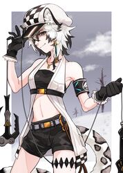  1girl animal_ear_fluff animal_ears arknights armband armpits bangs bare_shoulders bare_tree black_bandeau black_gloves black_hair black_shorts breasts cabbie_hat checkered_clothes checkered_headwear cliffheart_(arknights) closed_mouth clouds collarbone commentary_request cowboy_shot eyebrows_visible_through_hair gloves grappling_hook grey_eyes grey_sky hair_between_eyes hands_up hat highres holding holding_rope jewelry leopard_ears leopard_girl leopard_tail looking_at_viewer midriff multicolored_hair navel necklace oripathy_lesion_(arknights) partial_commentary rope short_hair short_shorts shorts sidelocks sleeveless_duster small_breasts smile snow solo standing tail tree two-tone_hair underbust white_background white_hair white_headwear yotamaru 