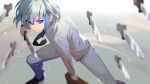  1boy aqua_hair bangs black_necktie blue_eyes blue_hair blurry bob_cut briefcase collared_shirt depth_of_field fighting_stance floating floating_object floating_weapon from_above highres holding holding_briefcase holding_sword holding_weapon khun_aguero_agnis legs_apart long_sleeves looking_at_viewer male_focus multicolored_hair necktie oystermiao pants shirt shoes short_sword silver_hair smile solo squatting standing streaked_hair sword tower_of_god weapon white_pants white_shirt 