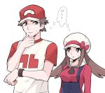  1boy 1girl alternate_hair_length alternate_hairstyle baseball_cap brown_eyes brown_hair chin_stroking closed_mouth commentary_request eye_contact hat long_hair looking_at_another lyra_(pokemon) overalls pokemon pokemon_(game) pokemon_hgss pokemon_sm pumpkinpan red_(pokemon) red_headwear red_shirt shirt short_hair short_sleeves sidelocks spiky_hair sweatdrop t-shirt thought_bubble translation_request twintails white_background white_headwear 