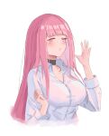  1girl absurdres bangs blunt_bangs breasts choker closed_mouth collarbone collared_shirt eyebrows_visible_through_hair highres hololive hololive_english large_breasts long_hair long_sleeves looking_at_viewer mori_calliope one_eye_closed pink_eyes pink_hair shirt skykappa solo upper_body virtual_youtuber white_shirt 