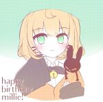  1girl :3 animal_on_shoulder bangs bell black_bow black_bowtie black_jacket blonde_hair blush bow bowtie cat cat_on_shoulder character_name english_commentary green_eyes happy_birthday highres jacket looking_at_viewer lucie_(millie_parfait) millie_parfait neck_bell nijisanji nijisanji_en orange_sweater petra_gurin_(artist) portrait sleeves_past_fingers sleeves_past_wrists smile solo sweater virtual_youtuber 