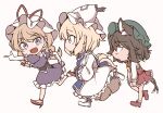  3girls :d animal_ear_fluff animal_ears bangs blonde_hair bow brown_hair cat_ears cat_tail chen commentary_request dress elbow_gloves eyebrows_visible_through_hair eyes_visible_through_hair fang fingernails gloves gokuu_(acoloredpencil) hair_between_eyes hat high_heels highres long_fingernails long_sleeves looking_at_viewer mob_cap multiple_girls multiple_tails open_mouth pointing_to_the_side puffy_short_sleeves puffy_sleeves purple_dress red_bow red_footwear red_skirt red_vest running short_hair short_sleeves simple_background skin_fang skirt slit_pupils smile tail touhou two_tails vest violet_eyes white_background white_gloves wide_sleeves yakumo_ran yakumo_yukari yellow_eyes 