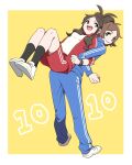  1boy 1girl back-to-back black_legwear brown_eyes brown_hair commentary_request dated highres hilbert_(pokemon) hilda_(pokemon) legs_up lifting_person locked_arms long_hair pokemon pokemon_(game) pokemon_bw ponytail pumpkinpan pun shoes shorts sidelocks simple_background smile sneakers socks track_suit yellow_background 