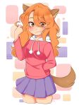  100_percent_orange_juice :3 alternate_hair_length alternate_hairstyle animal_ears blue_skirt blush brown_eyes closed_mouth dog_ears dog_girl dog_tail eyebrows_visible_through_hair hand_in_pocket highres hood hoodie long_hair long_sleeves looking_at_viewer messy_hair orange_hair pleated_skirt qp qp_shooting red_hoodie skirt smile tail takoyan_(takoyaart) 