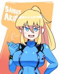  1girl blonde_hair blue_bodysuit blue_eyes blush bodysuit breasts character_name covered_collarbone eyebrows_visible_through_hair hair_between_eyes large_breasts long_hair looking_at_viewer metroid mole mole_under_mouth notnoe_(dxcl) open_mouth ponytail samus_aran sidelocks smile solo upper_body zero_suit 