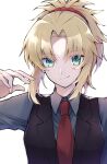  1girl bangs black_vest blonde_hair breasts closed_mouth collared_shirt eyebrows_visible_through_hair fate/grand_order fate_(series) green_eyes grey_shirt hair_ornament hair_scrunchie long_hair looking_at_viewer maru_(pixiv51714255) mordred_(fate) mordred_(fate/apocrypha) necktie parted_bangs ponytail red_necktie red_scrunchie scrunchie shiny shiny_hair shirt smile solo upper_body vest 