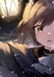 1girl ascot brown_eyes brown_hair cape eyebrows_visible_through_hair highres lantern out_of_frame outdoors parted_lips project_sekai qi&#039;e_(penguin) shinonome_ena snowing solo 