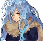  1other androgynous artist_request black_coat blue_hair closed_mouth coat eyes_visible_through_hair highres rimuru_tempest simple_background tensei_shitara_slime_datta_ken yellow_eyes 