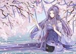 1girl cherry_blossoms china_dress chinese_clothes dress long_hair long_sleeves purple_dress purple_hair qin_shi_ming_yue seiza sitting violet_eyes water weibo_id zi_nu_(qin_shi_ming_yue) zi_nu_zhuye_jun 