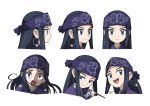 1girl :d :o ainu ainu_clothes asirpa bandana black_hair blue_eyes character_sheet chopsticks closed_mouth commentary earrings expressionless face from_side golden_kamuy headband headshot highres holding holding_chopsticks hoop_earrings jewelry long_hair looking_at_viewer open_mouth profile simple_background smile solo teeth upper_teeth white_background yoshi_(moco1) 