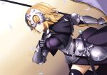  1girl absurdres armor armored_dress bangs black_legwear blonde_hair blue_eyes braid braided_ponytail breasts chain closed_mouth collar dress fate/apocrypha fate_(series) faulds flag gauntlets headpiece highres hisato_nago jeanne_d&#039;arc_(fate) jeanne_d&#039;arc_(fate/apocrypha) large_breasts long_hair looking_to_the_side metal_collar plackart polearm purple_dress smile thigh-highs thighs very_long_hair weapon 